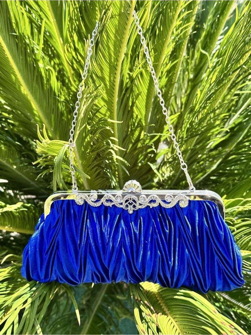 Kingluck Royal Blue Pleated Satin Evening Clutch Bag W/Detachable Chain Strap